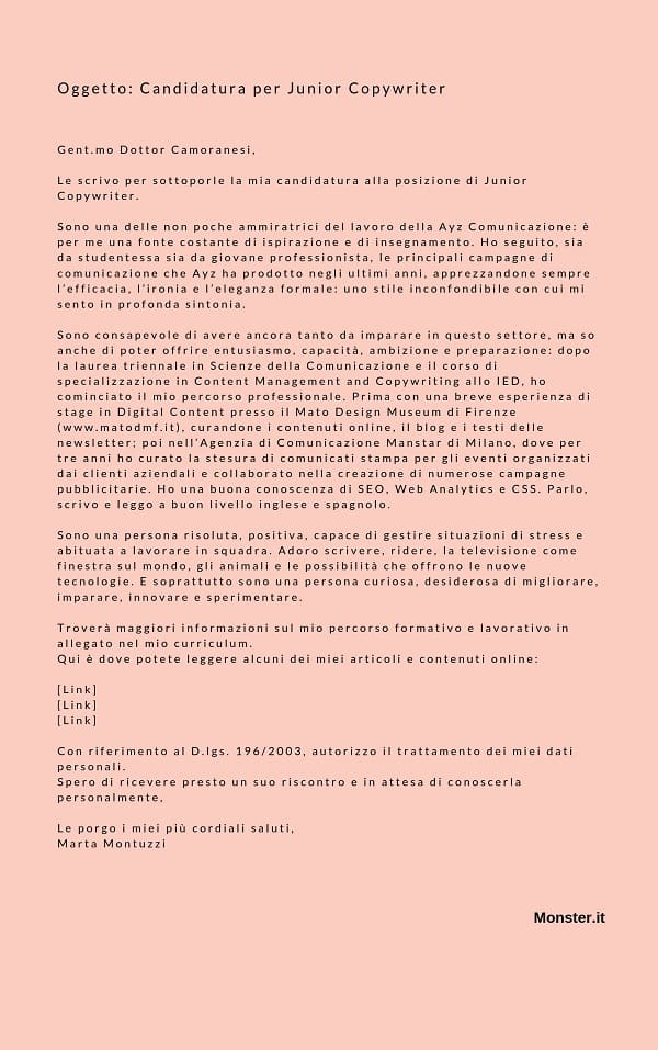 Esempio lettera di presentazione